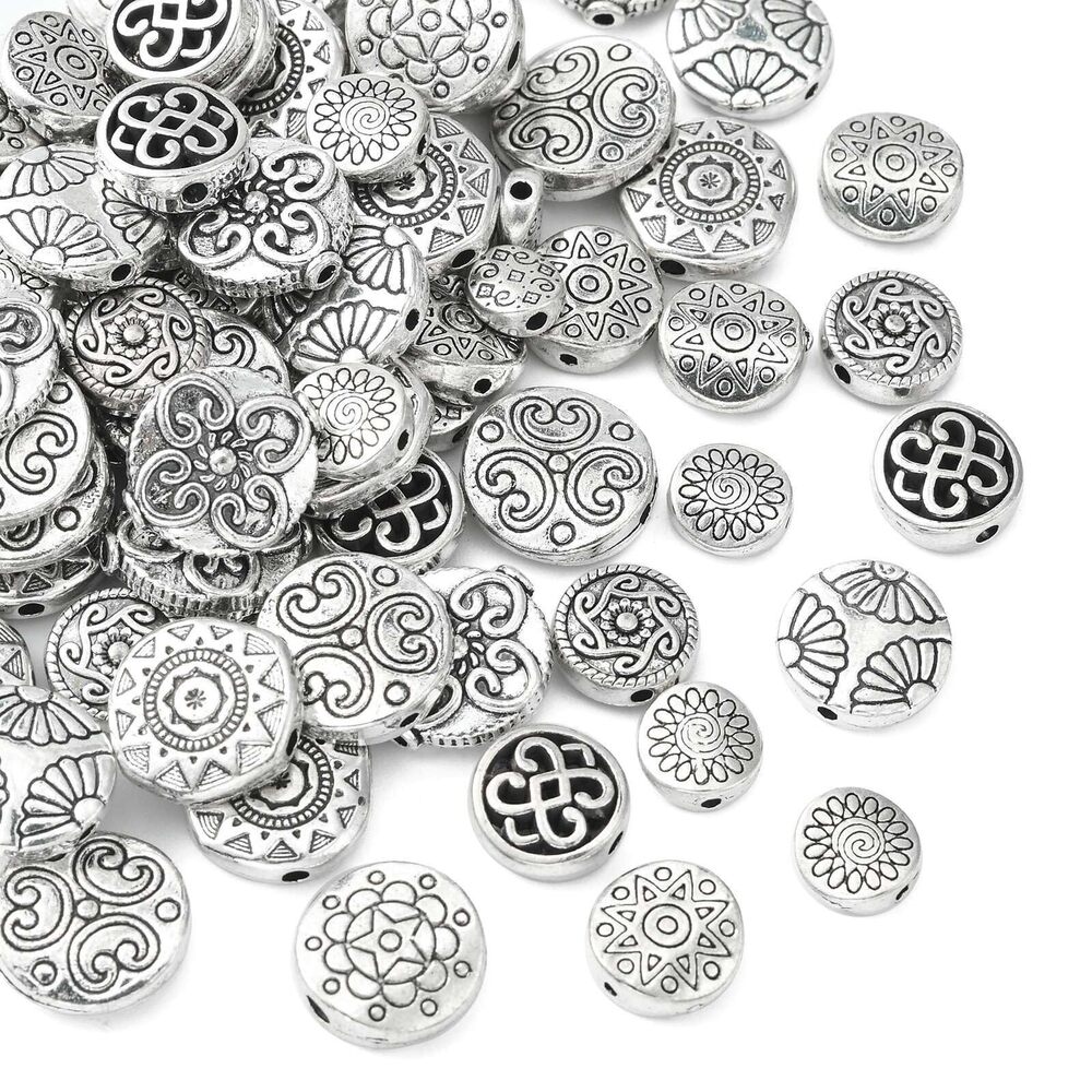 6472 100pcs Tibetan Flat Round Flower Spacer Antique Silver Chakra Symbol